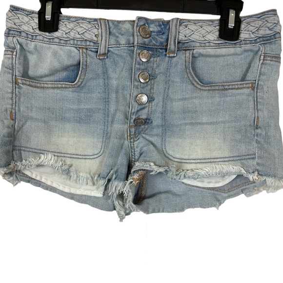 AMERICAN EAGLE OUTFITTERS Hi Rise SHORTIE Button Fly Distressed Jean Shorts sz 6 - Picture 4 of 15